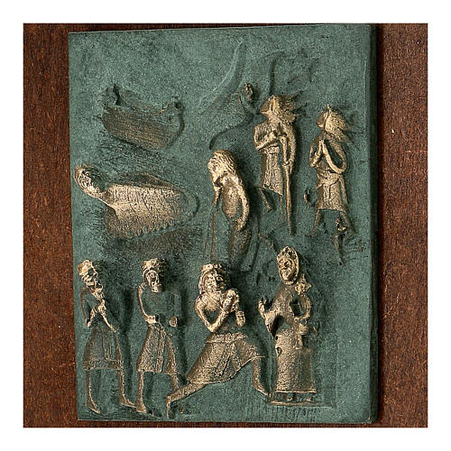 Nativity Scene with shepherds and Wise Men, bronze tile of San Zeno of Verona on antique finish wood 2