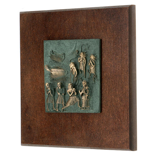 Nativity Scene with shepherds and Wise Men, bronze tile of San Zeno of Verona on antique finish wood 3