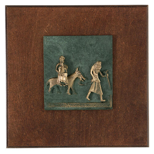 Flight from Egypt, bronze tile of San Zeno of Verona on antique finish wood 1