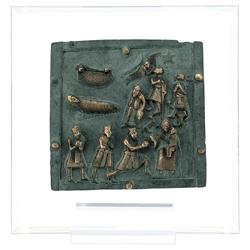 Kachel von San Zeno aus Verona mit Christi Geburt, Hirten und den Heiligen Drei Kőnigen aus Bronze und Plexiglas, 15 cm 1