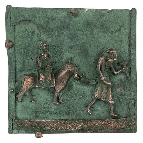 Alloy bas-relief of the Flight from Egypt with hook, tile of San Zeno of Verona, 15 cm 1