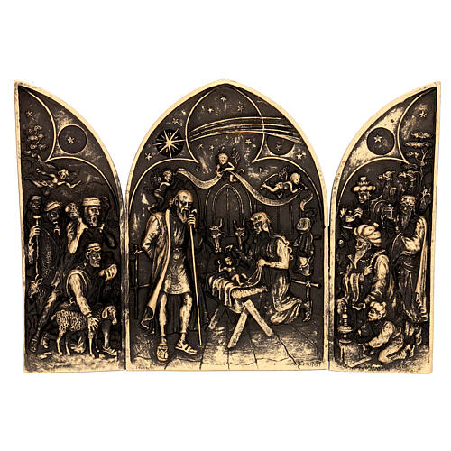 Triptych of the Nativity Scene, golden marble dust, 19 cm 1