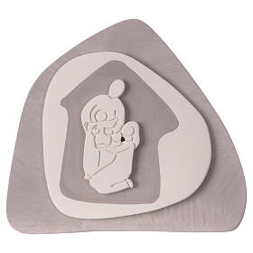 Stylised dove-coloured Nativity Scene, standing terracotta bas-relief, Centro Ave, 8x8 in