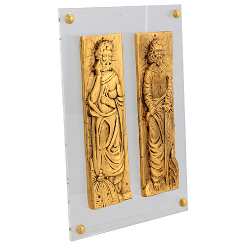 Gold plated plates of St. Peter and Paul, copper alloy on plexiglass, 9x12 in 4