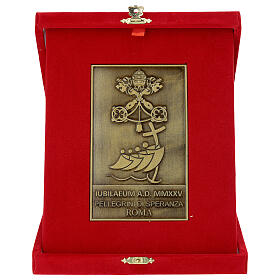 Placa Jubileo 2025 aleación de bronce 8x14 cm cofre terciopelo