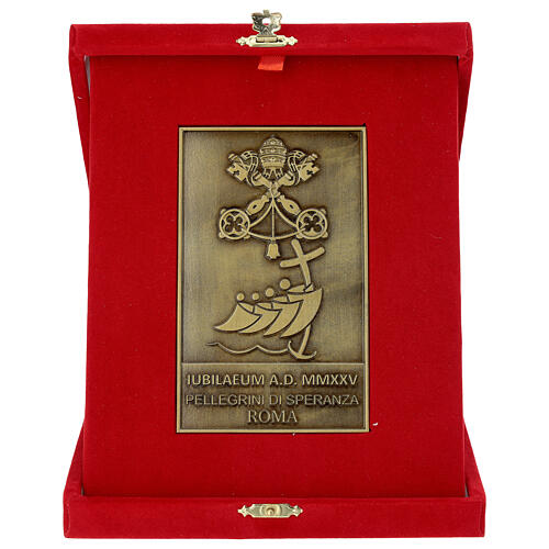 Placa Jubileo 2025 aleación de bronce 8x14 cm cofre terciopelo 1