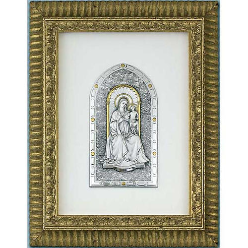 Bas-relief golden sterling silver Our Lady and baby, wooden fram 1