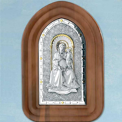 Bas-relief sterling silver, gold Our Lady and baby, wooden frame 1
