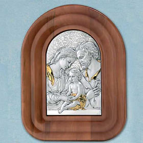 Baixo-relevo prata 925 ouro Sagrada Família moldura madeira