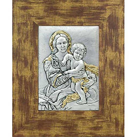 Baixo-relevo prata ouro Virgem com menino moldura madeira