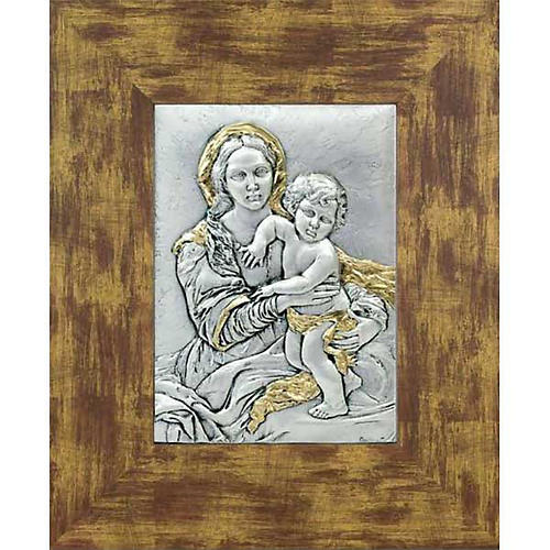 Baixo-relevo prata ouro Virgem com menino moldura madeira 1