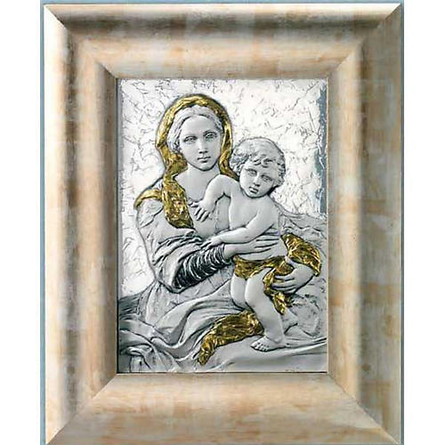 Bas-relief 925 silver gold Our Lady and baby, wooden frame 1
