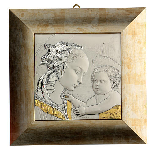 Bajorrelieve de plata y oro Virgen y niño con aureola 1