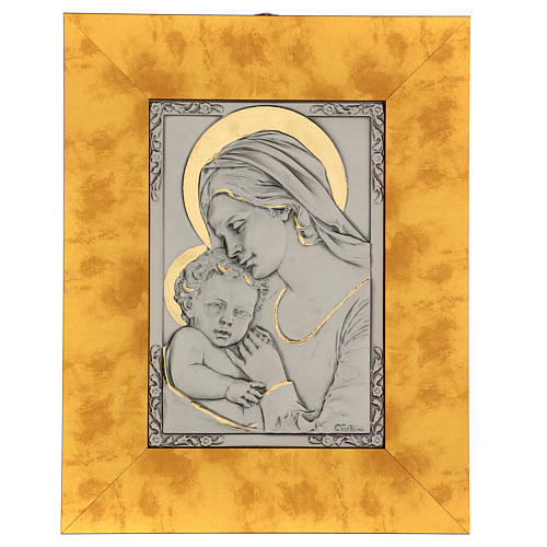 Basrelief Gottesmutter mit Kind Silber 925 und Gold auf Holz 1