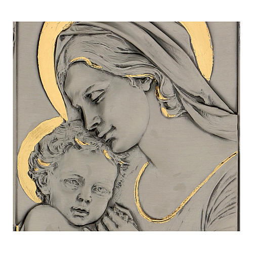 Basrelief Gottesmutter mit Kind Silber 925 und Gold auf Holz 2