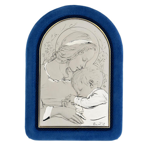 Basrelief aus Silber mit Madonna und Kind, Rahmen aus Samt 1