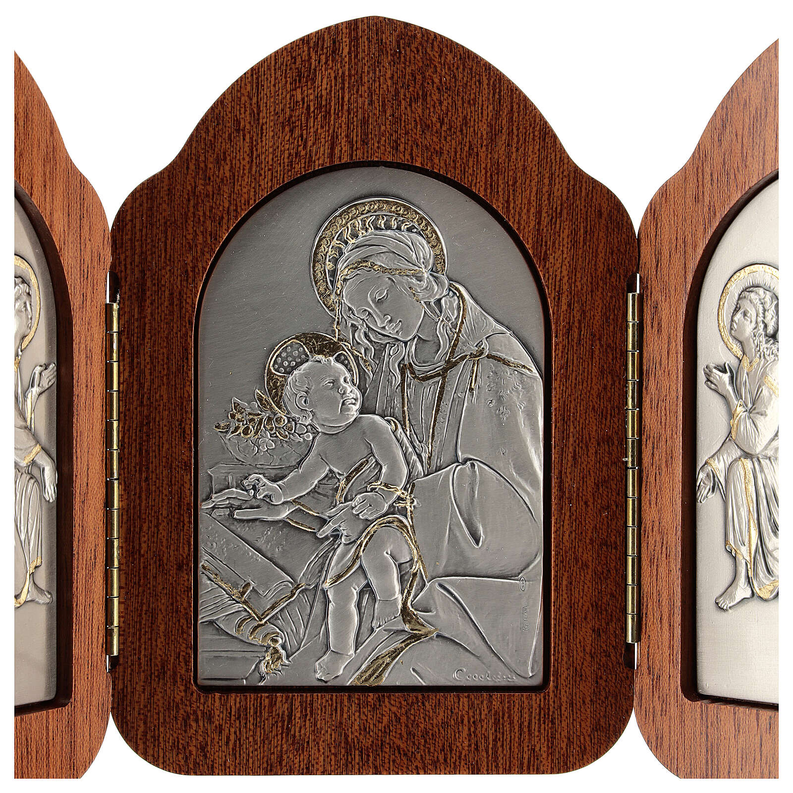 Bas-relief, Triptych Virgin Mary, Baby Jesus, Angels, Silver Gol 