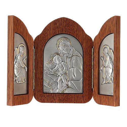 Bas-relief, triptych Virgin Mary, baby Jesus, angels, silver gol 1