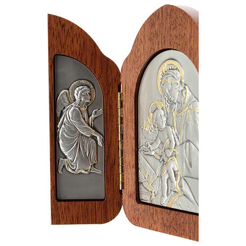 Bas-relief, triptych Virgin Mary, baby Jesus, angels, silver gol 3