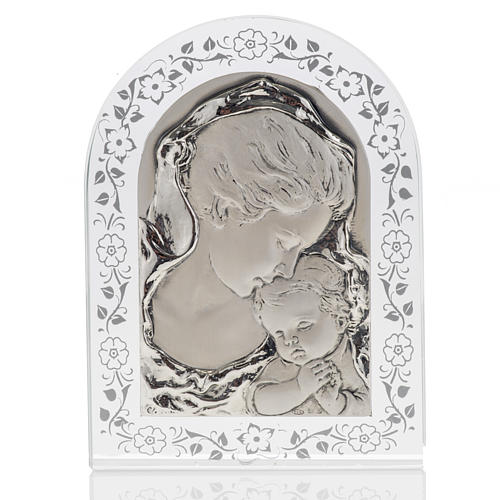 Bas-relief in silver, flowers, Mary and baby Jesus 1