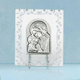 Baixo-relevo prata Virgem e Jesus moldura vidro