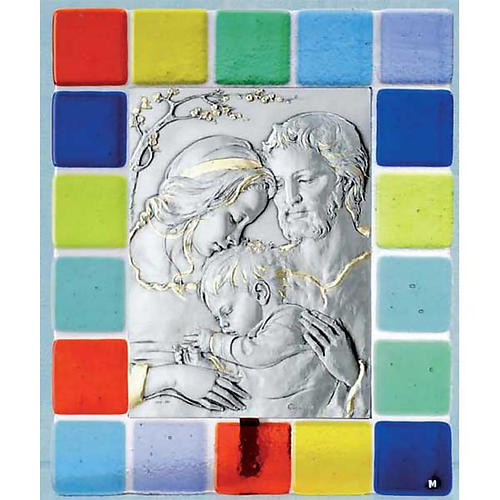 Bas-relief argent Sainte Famille cadre en verre coloré 1