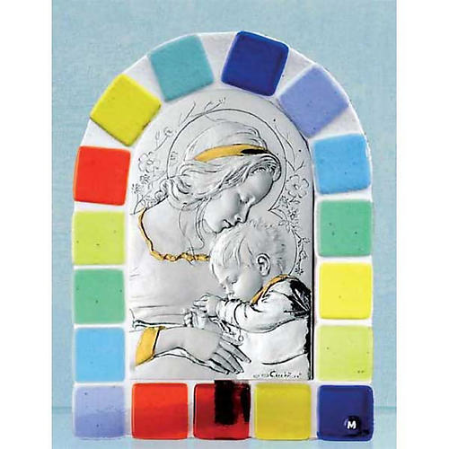 Bas-relief argent Vierge avec enfant cadre en verre coloré 1