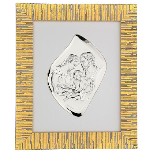 Baixo-relevo prateado Sagrada Família moldura dourada 1