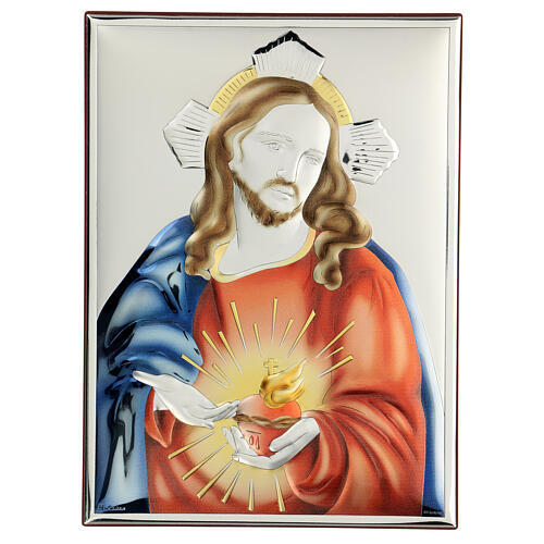 Sacred Heart of Jesus painting in laminboard with refined wooden back 26X19 cm 1