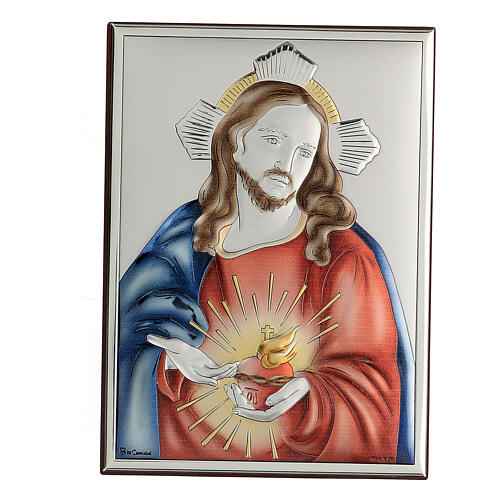 Sacred Heart of Jesus painting in laminboard with refined wooden back 18X13 cm 1