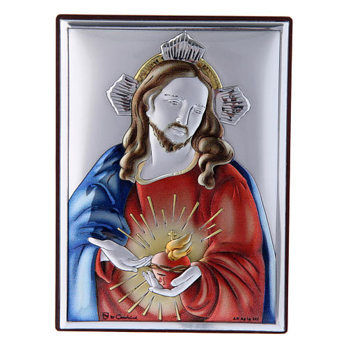 Sacred Heart of Jesus painting in laminboard with refined wooden back 11X8 cm 1