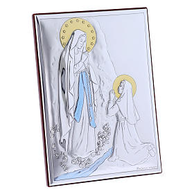 Our Lady of Lourdes painting in laminboard with refined wooden back 18X13 cm
