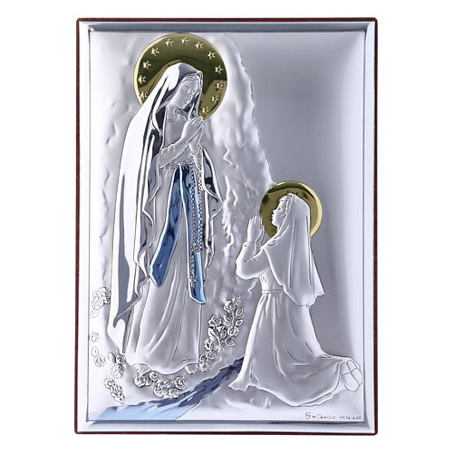 Our Lady of Lourdes painting in laminboard with refined wooden back 18X13 cm 1