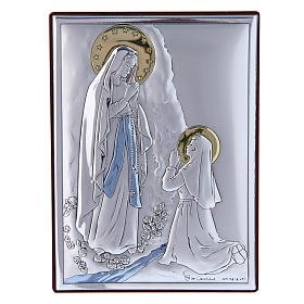 Our Lady of Lourdes painting in laminboard with refined wooden back 11X8 cm