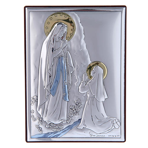 Our Lady of Lourdes painting in laminboard with refined wooden back 11X8 cm 1