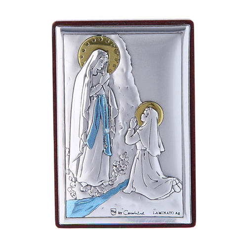 Our Lady of Lourdes painting in laminboard with refined wooden back 6X4 cm 1