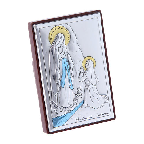 Our Lady of Lourdes painting in laminboard with refined wooden back 6X4 cm 2
