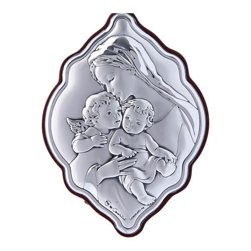 Obraz Maryja Dzieciątko Jezus i Anioł bilaminat tył z prestiżowego drewna 10x7 cm forma nieregularna 1