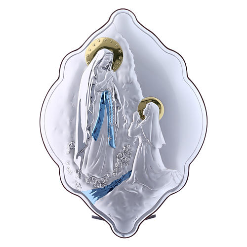 Our Lady of Lourdes painting in laminboard with refined wooden back 31X21 cm 1