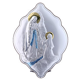Our Lady of Lourdes painting in laminboard with refined wooden back 31X21 cm