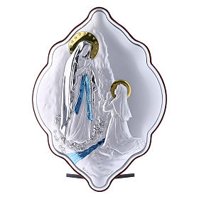 Our Lady of Lourdes painting in laminboard with refined wooden back 21X14 cm
