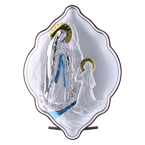 Our Lady of Lourdes painting in laminboard with refined wooden back 21X14 cm 1
