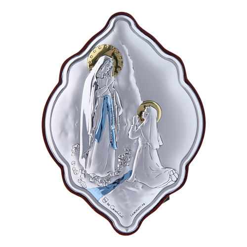 Our Lady of Lourdes painting in laminboard with refined wooden back 10X7 cm 1