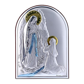 Our Lady of Lourdes painting in laminboard with refined wooden back 18X13 cm