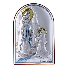 Our Lady of Lourdes painting in laminboard with refined wooden back 12X8 cm