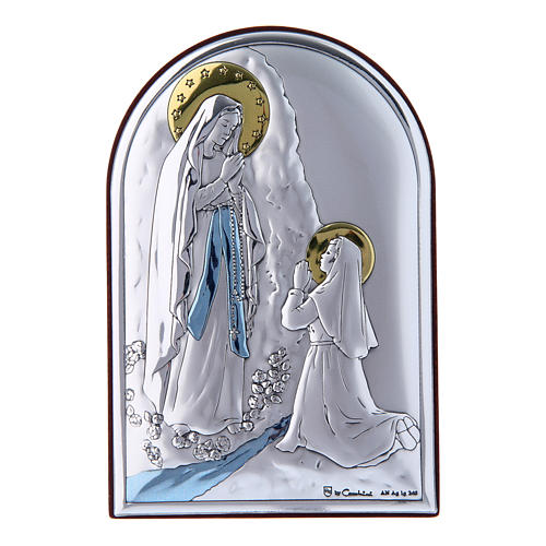 Our Lady of Lourdes painting in laminboard with refined wooden back 12X8 cm 1