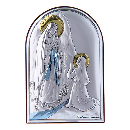 Cuadro Virgen de Lourdes bilaminado parte posterior madera preciosa 12x8 cm 1