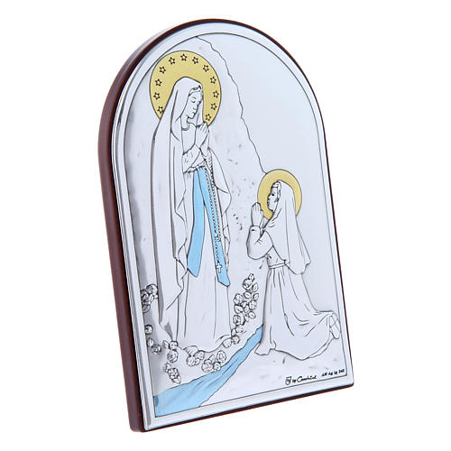 Cuadro Virgen de Lourdes bilaminado parte posterior madera preciosa 12x8 cm 2