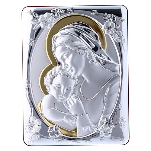 Our Lady with Baby Jesus painting finished in gold, made of laminboard with refined wooden back 21,6X16,3 cm 1