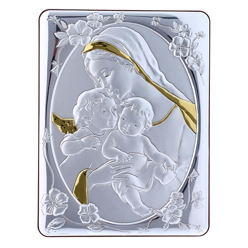 Our Lady with Baby Jesus and Angel painting finished in gold, made of laminboard with refined wooden back 21,6X16,3 cm 1